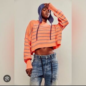 FP Movement by Free People Cropped Coral and Lavender Striped Sweater
